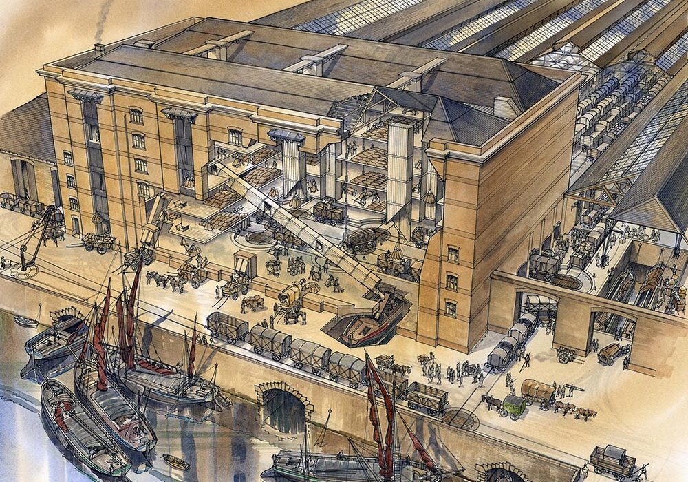 Reconstruction of the Granary showing internal arrangement for movement of grain around the building. By Chris Mitchell (c.mitchell@btinternet.com)
