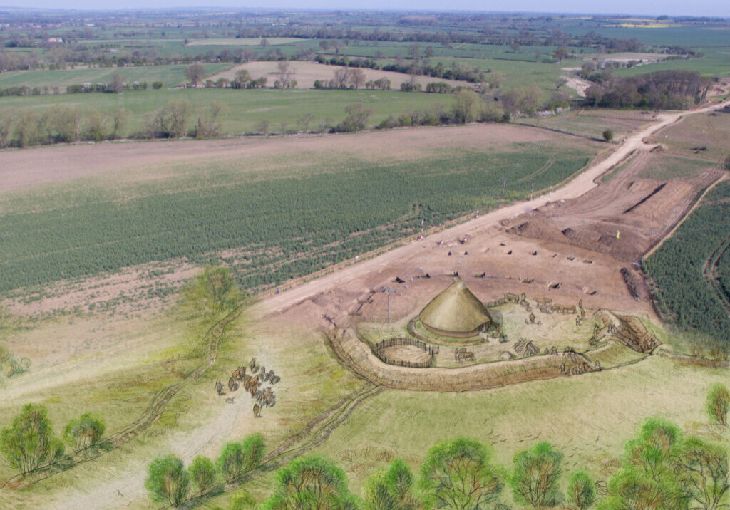 Reconstruction of the Bedale enclosure overlaid on an aerial photo of the site during excavation.